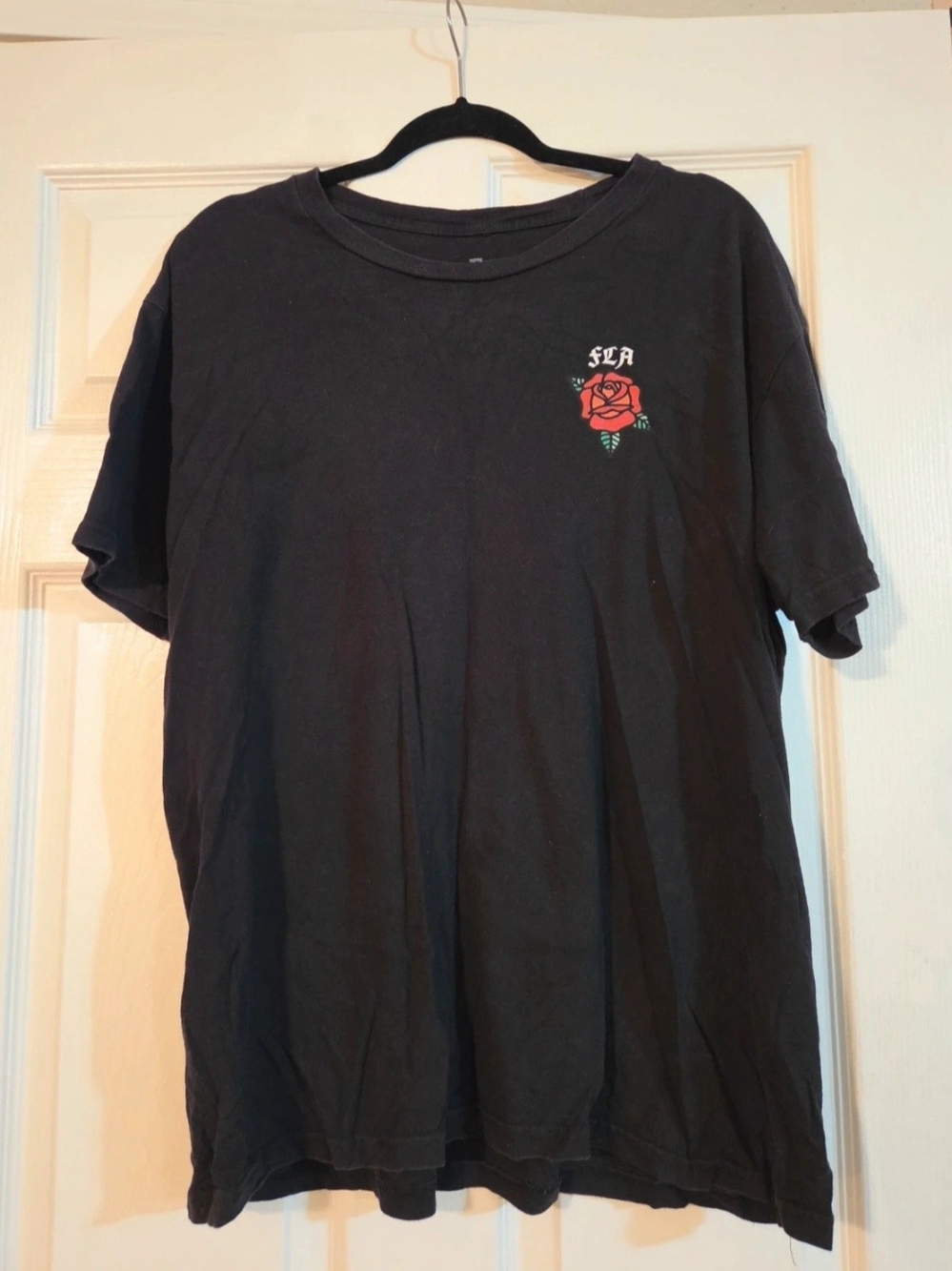 Men's Black Crewneck T-Shirt with Red Rose Graphic